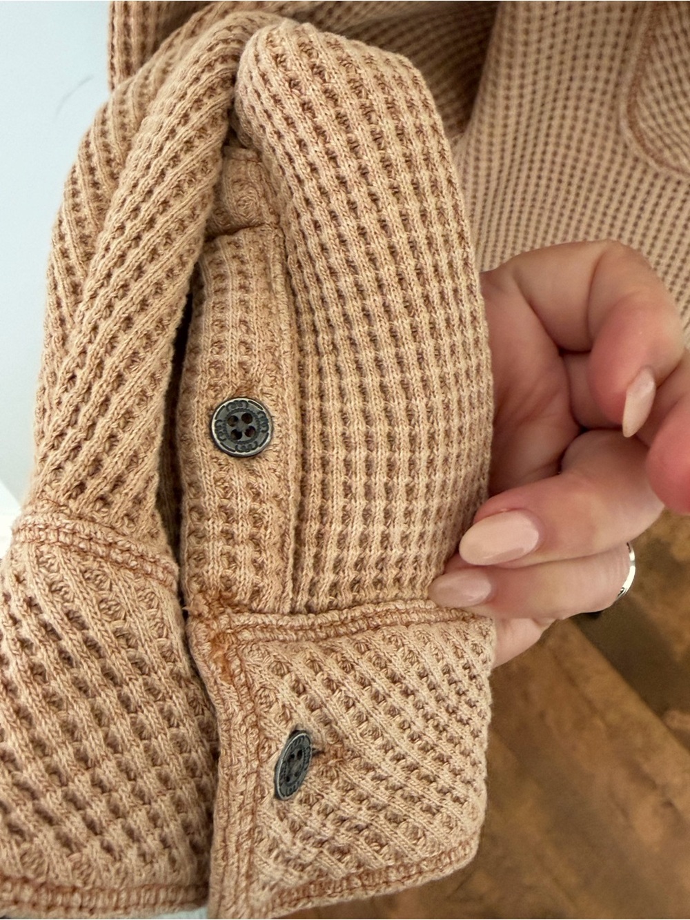 Aerie Women’s Waffle-Knit Button-Front Sweater Shirt in Beige Tan - Picture 4 of 6